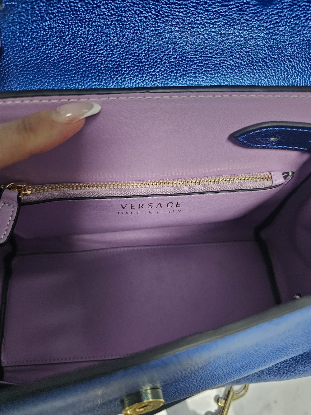 Metallic Blue Top-Handle Satchel with Gold Chain Accent - Picture 7 of 13